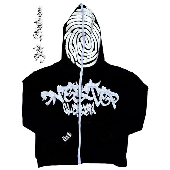 Y2K Black SZ S Irregular Pattern Gothic Punk Full Zip-Up Hoodie Jacket - Picture 1 of 15